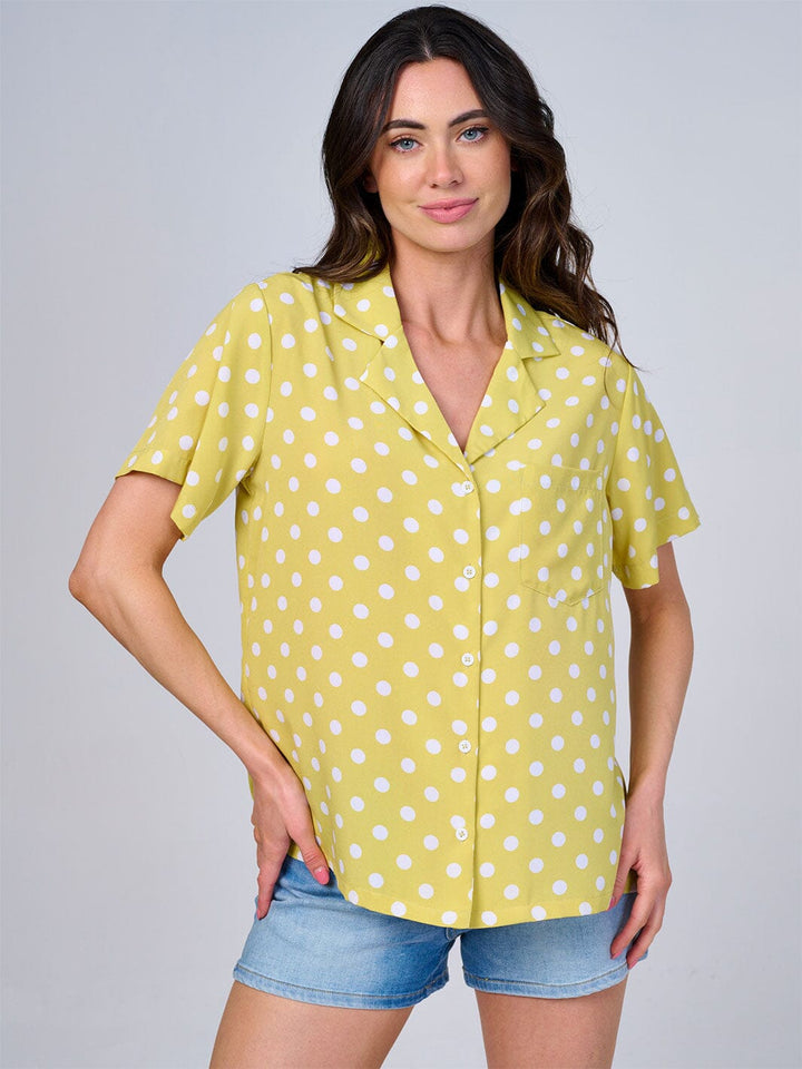 WOMEN'S SHORT SLEEVES FRONT POCKET V-NECK BUTTON UP POLKA DOTS BLOUSE