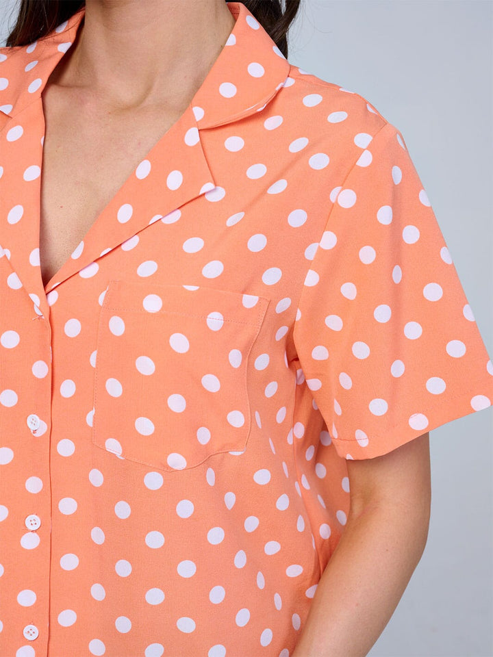 WOMEN'S SHORT SLEEVES FRONT POCKET V-NECK BUTTON UP POLKA DOTS BLOUSE