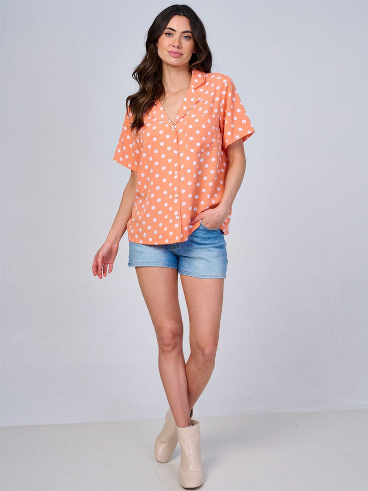 WOMEN'S SHORT SLEEVES FRONT POCKET V-NECK BUTTON UP POLKA DOTS BLOUSE