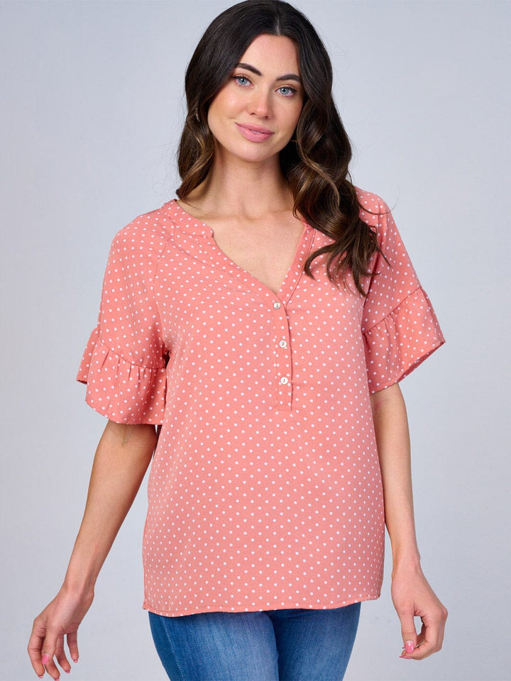 WOMEN'S SHORT RUFFLE SLEEVES V-NECK BUTTON UP POLKA DOTS BLOUSE
