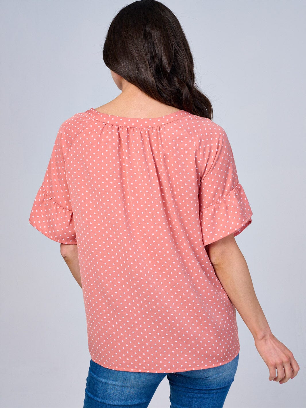 WOMEN'S SHORT RUFFLE SLEEVES V-NECK BUTTON UP POLKA DOTS BLOUSE