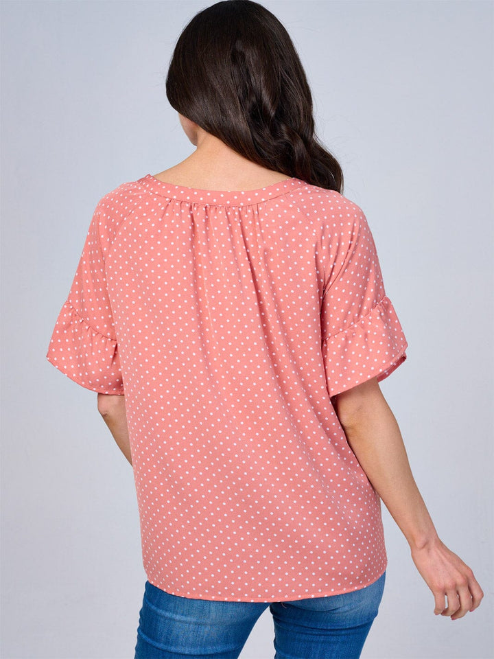 WOMEN'S SHORT RUFFLE SLEEVES V-NECK BUTTON UP POLKA DOTS BLOUSE