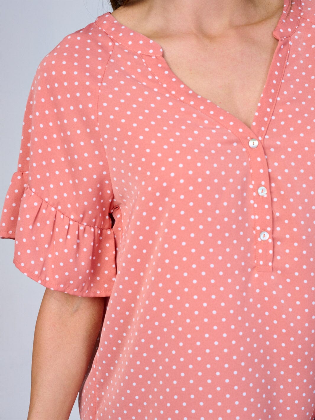 WOMEN'S SHORT RUFFLE SLEEVES V-NECK BUTTON UP POLKA DOTS BLOUSE