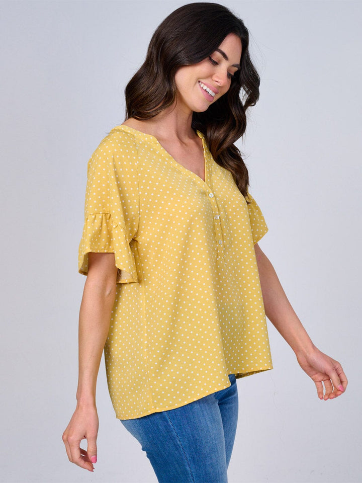 WOMEN'S SHORT RUFFLE SLEEVES V-NECK BUTTON UP POLKA DOTS BLOUSE