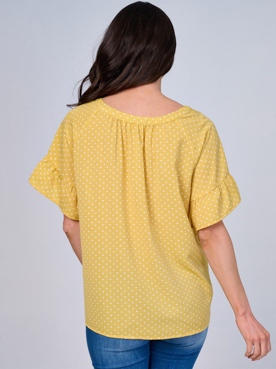 WOMEN'S SHORT RUFFLE SLEEVES V-NECK BUTTON UP POLKA DOTS BLOUSE