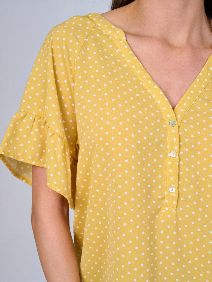 WOMEN'S SHORT RUFFLE SLEEVES V-NECK BUTTON UP POLKA DOTS BLOUSE