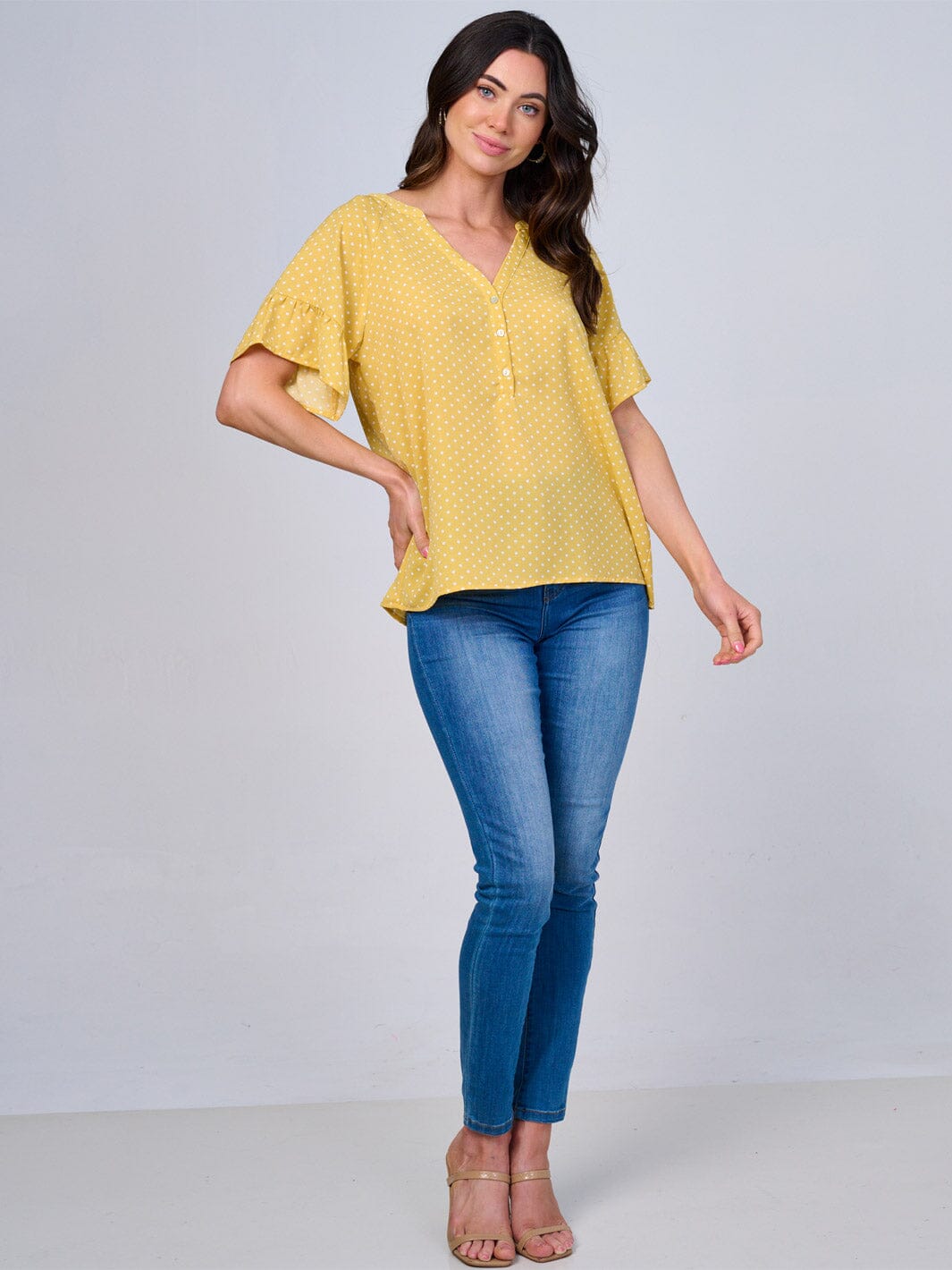 WOMEN'S SHORT RUFFLE SLEEVES V-NECK BUTTON UP POLKA DOTS BLOUSE