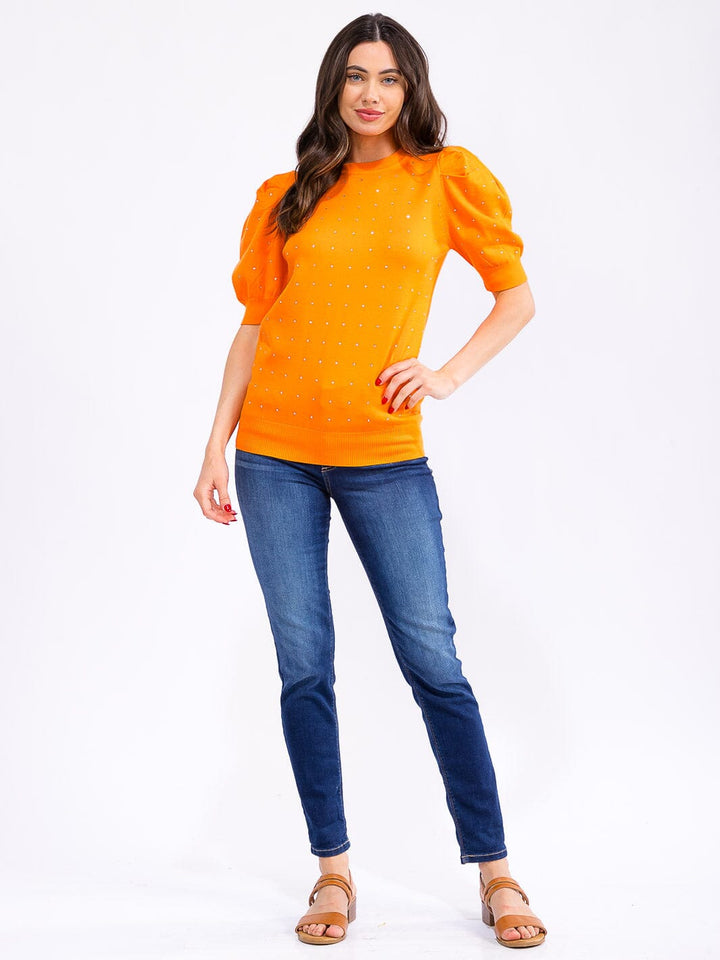 WOMEN'S SHORT PUFF SLEEVE STUDS DETAILED BLOUSE