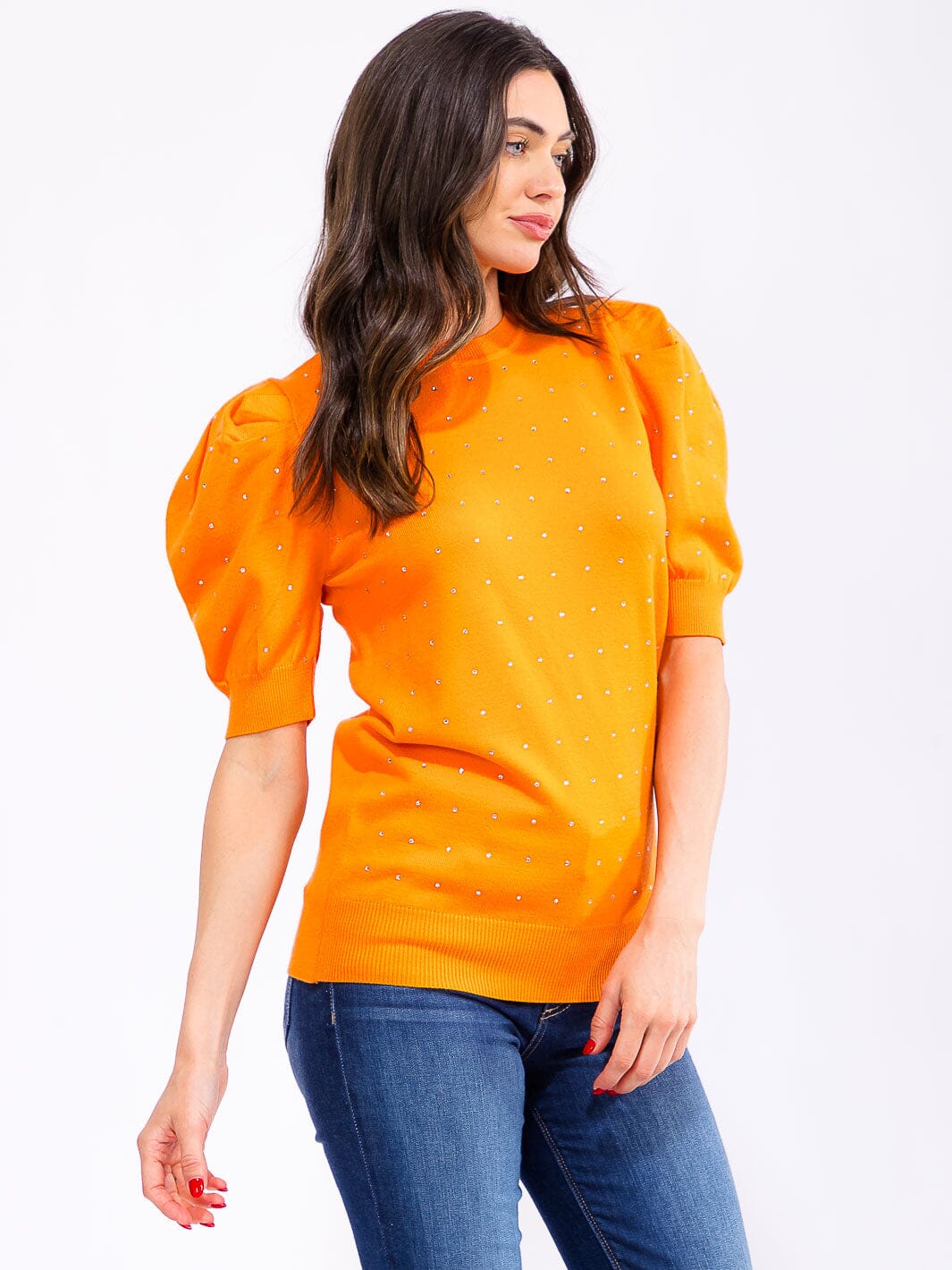 WOMEN'S SHORT PUFF SLEEVE STUDS DETAILED BLOUSE