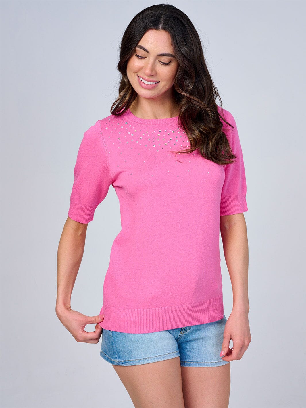 WOMEN'S SHORT SLEEVES STUDS DETAILED BLOUSE