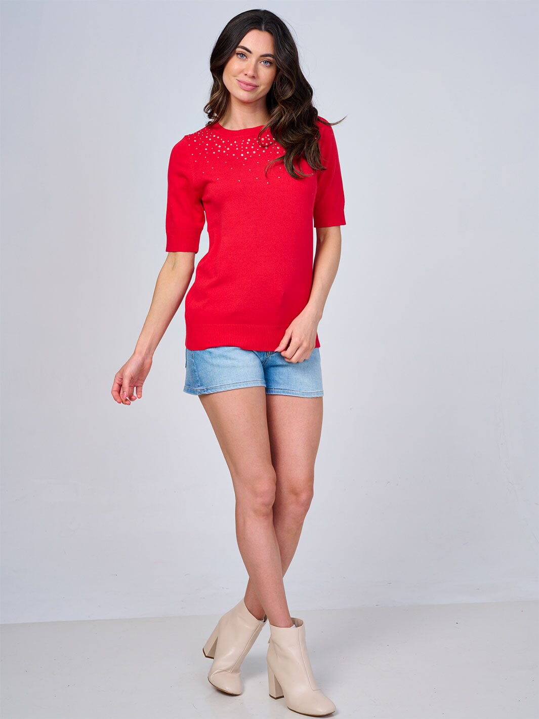 WOMEN'S SHORT SLEEVES STUDS DETAILED BLOUSE