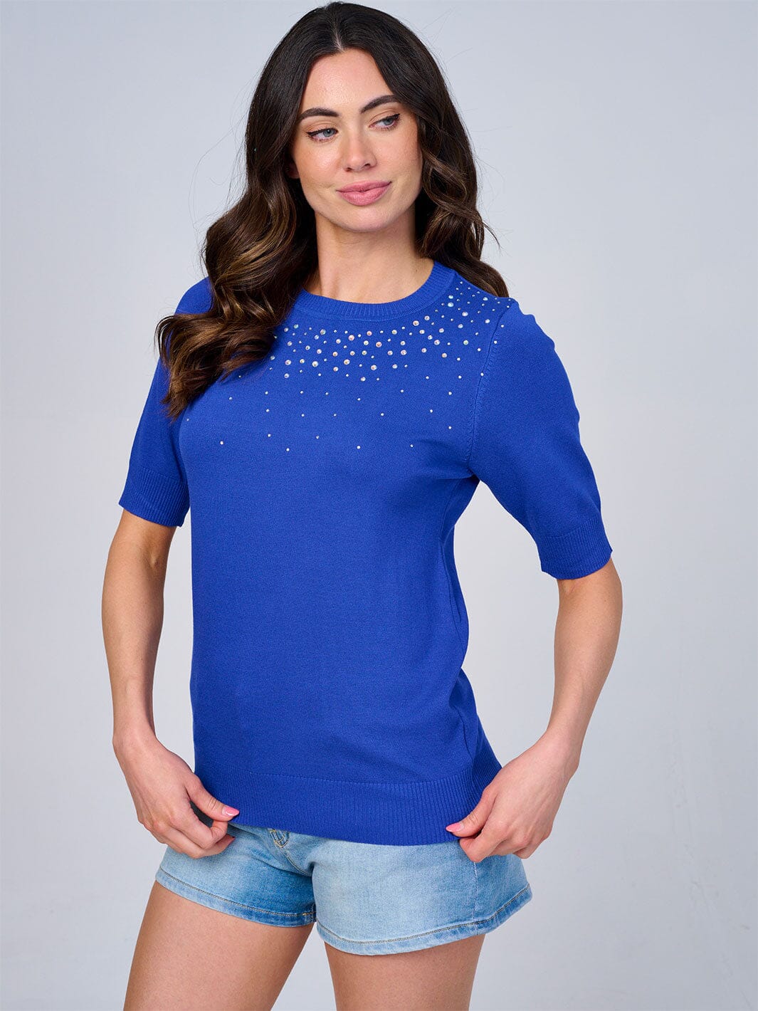 WOMEN'S SHORT SLEEVES STUDS DETAILED BLOUSE
