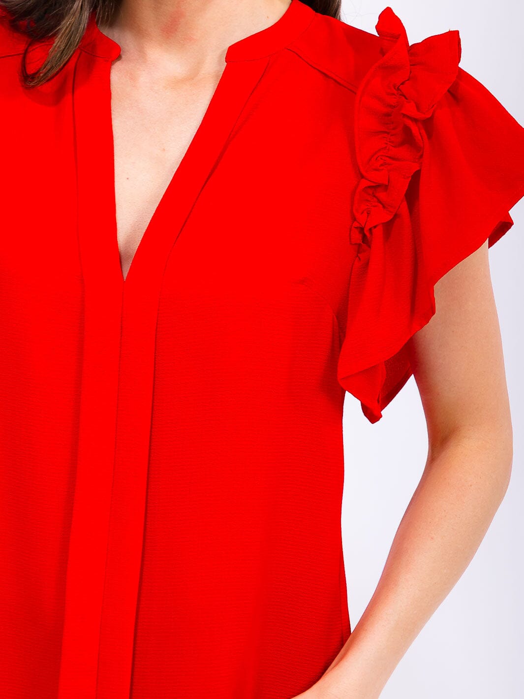 WOMEN'S SHORT RUFFLE SLEEVE V-NECK LOOSE FIT BLOUSE