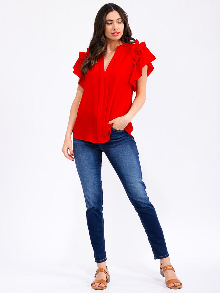 WOMEN'S SHORT RUFFLE SLEEVE V-NECK LOOSE FIT BLOUSE