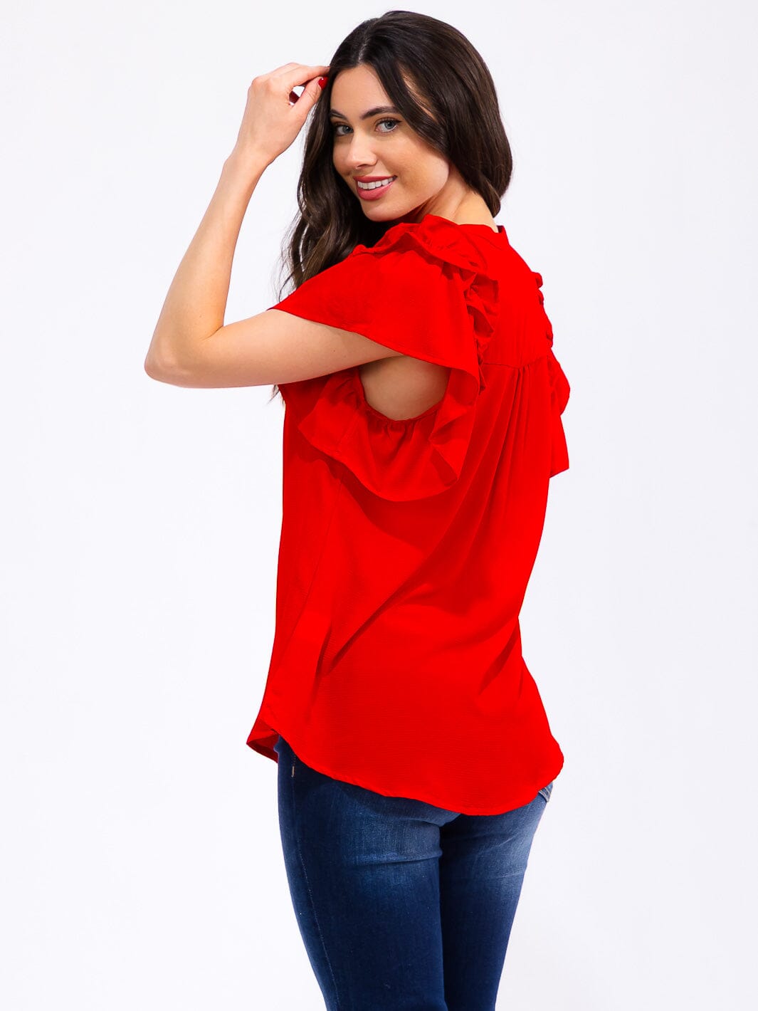 WOMEN'S SHORT RUFFLE SLEEVE V-NECK LOOSE FIT BLOUSE