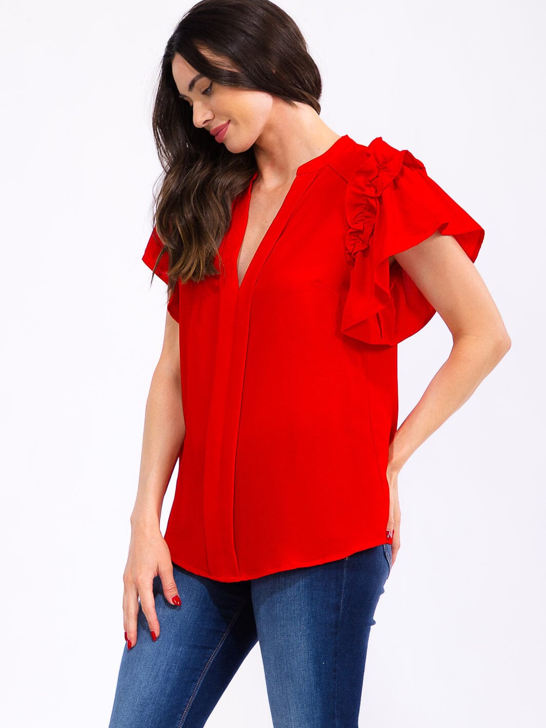 WOMEN'S SHORT RUFFLE SLEEVE V-NECK LOOSE FIT BLOUSE