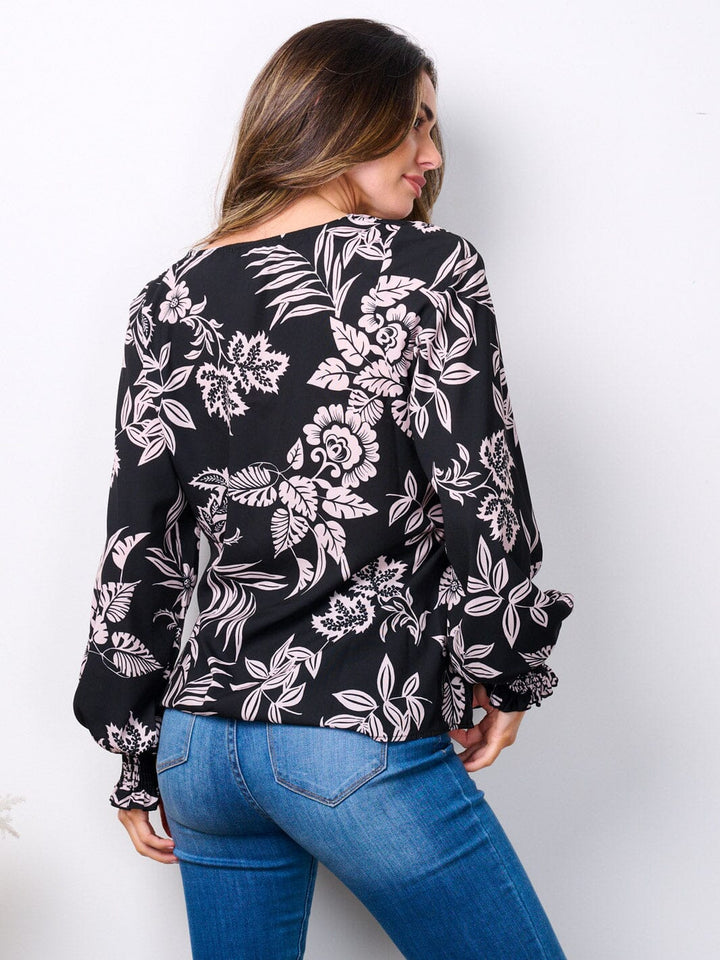 WOMEN'S LONG SMOCK SLEEVES V-NECK FLORAL TUNIC BLOUSE TOP