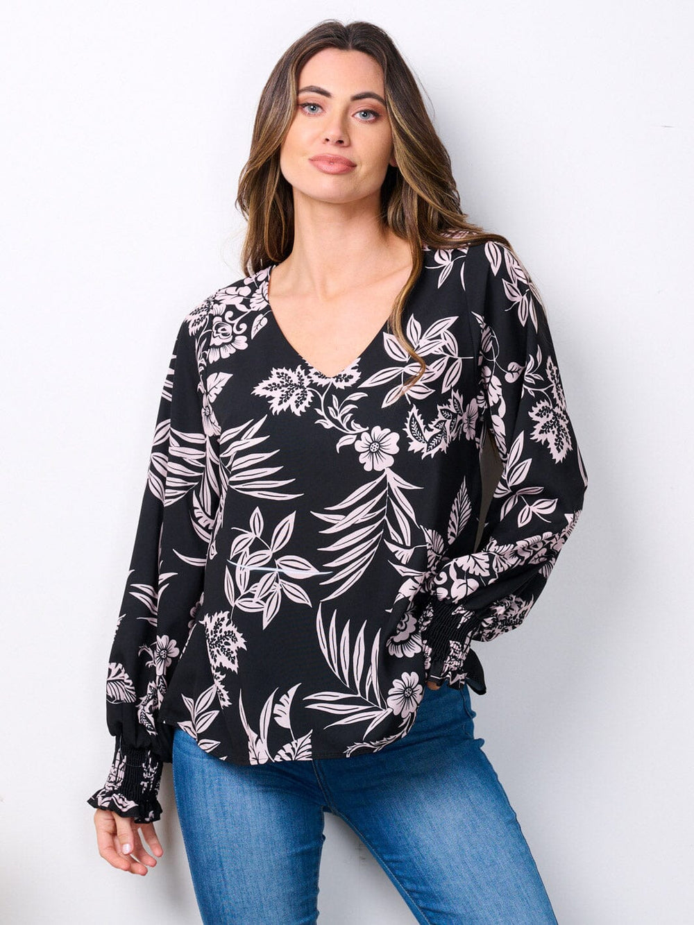 WOMEN'S LONG SMOCK SLEEVES V-NECK FLORAL TUNIC BLOUSE TOP