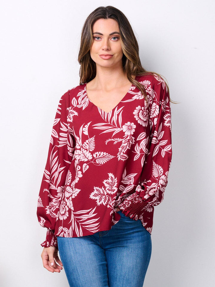 WOMEN'S LONG SMOCK SLEEVES V-NECK FLORAL TUNIC BLOUSE TOP