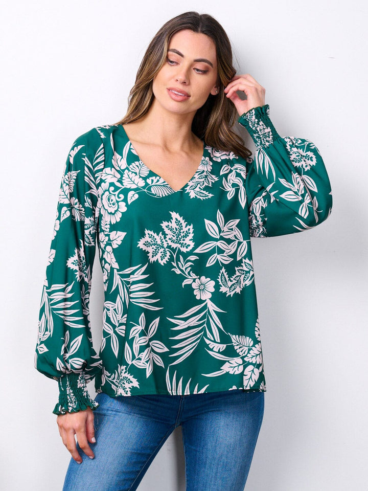 WOMEN'S LONG SMOCK SLEEVES V-NECK FLORAL TUNIC BLOUSE TOP