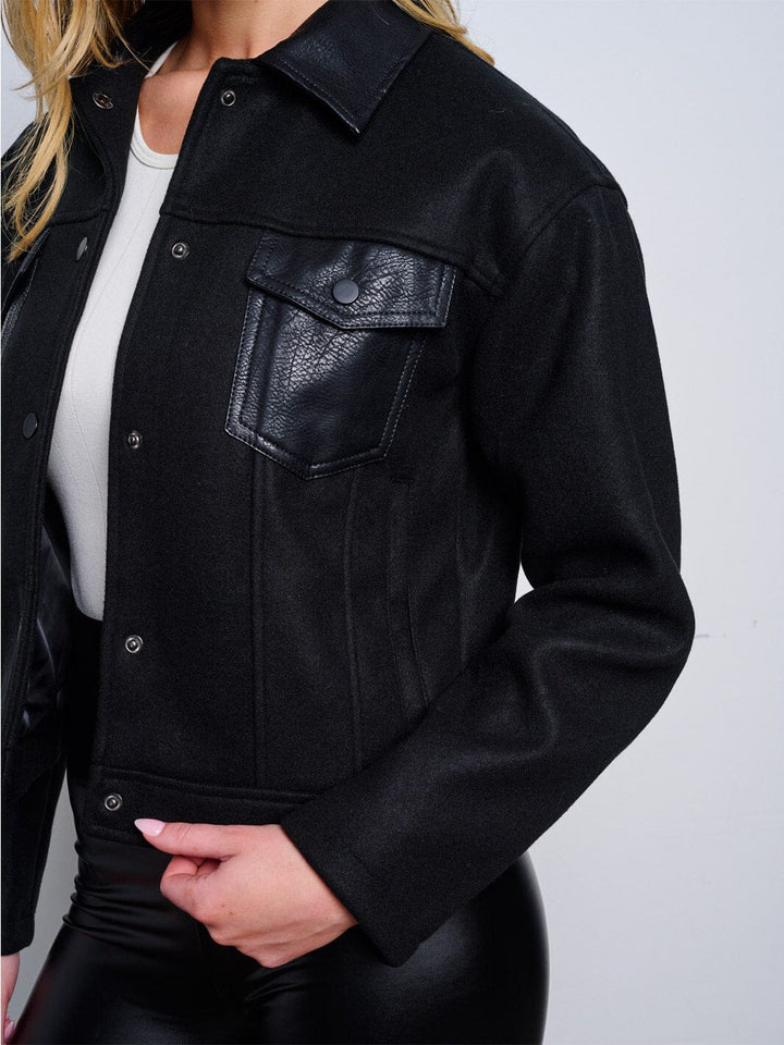 WOMEN'S LONG SLEEVE BUTTON UP PU PLEATHER DETAILED JACKET