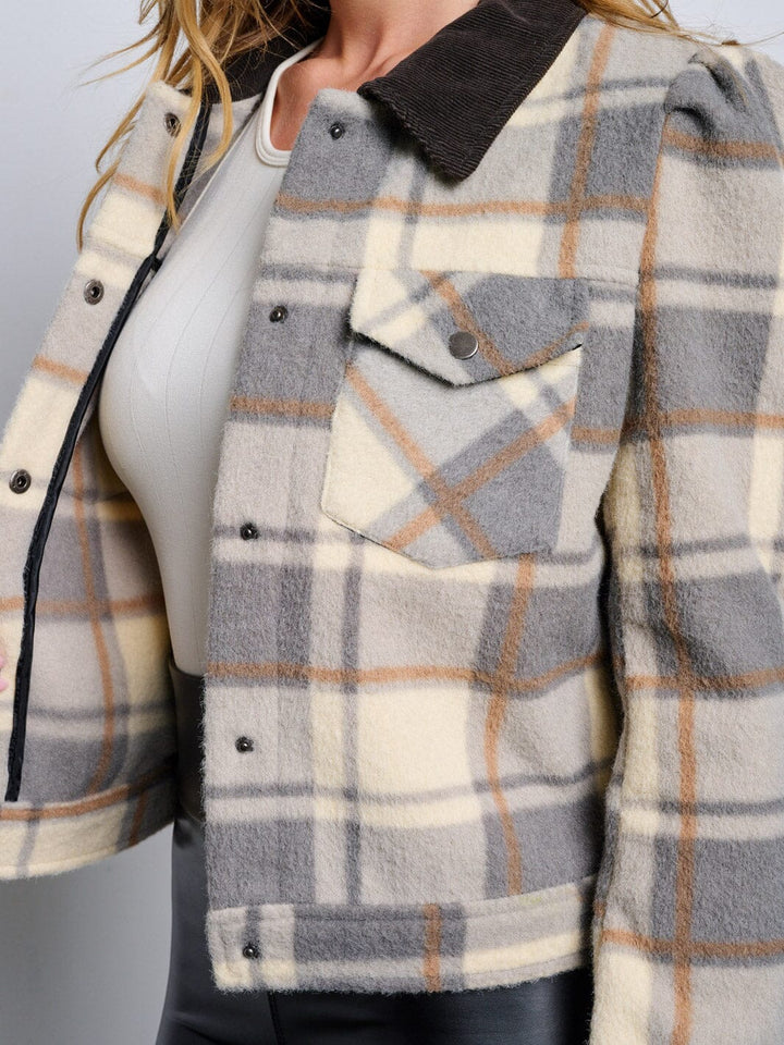 WOMEN'S LONG SLEEVE POCKETS BUTTON UP PLAID JACKET