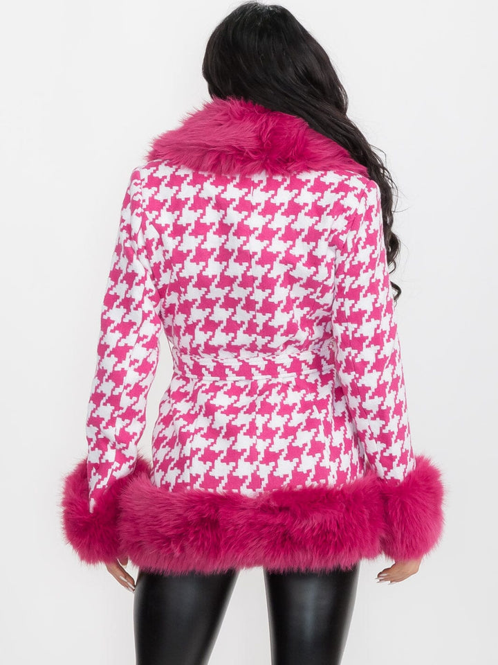 WOMEN'S LONG SLEEVE BUTTON CLOSURE FRONT POCKETS COLORBLOCK FAUX FUR COAT