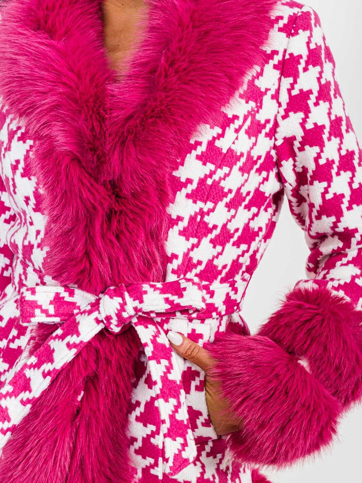 WOMEN'S LONG SLEEVE BUTTON CLOSURE FRONT POCKETS COLORBLOCK FAUX FUR COAT