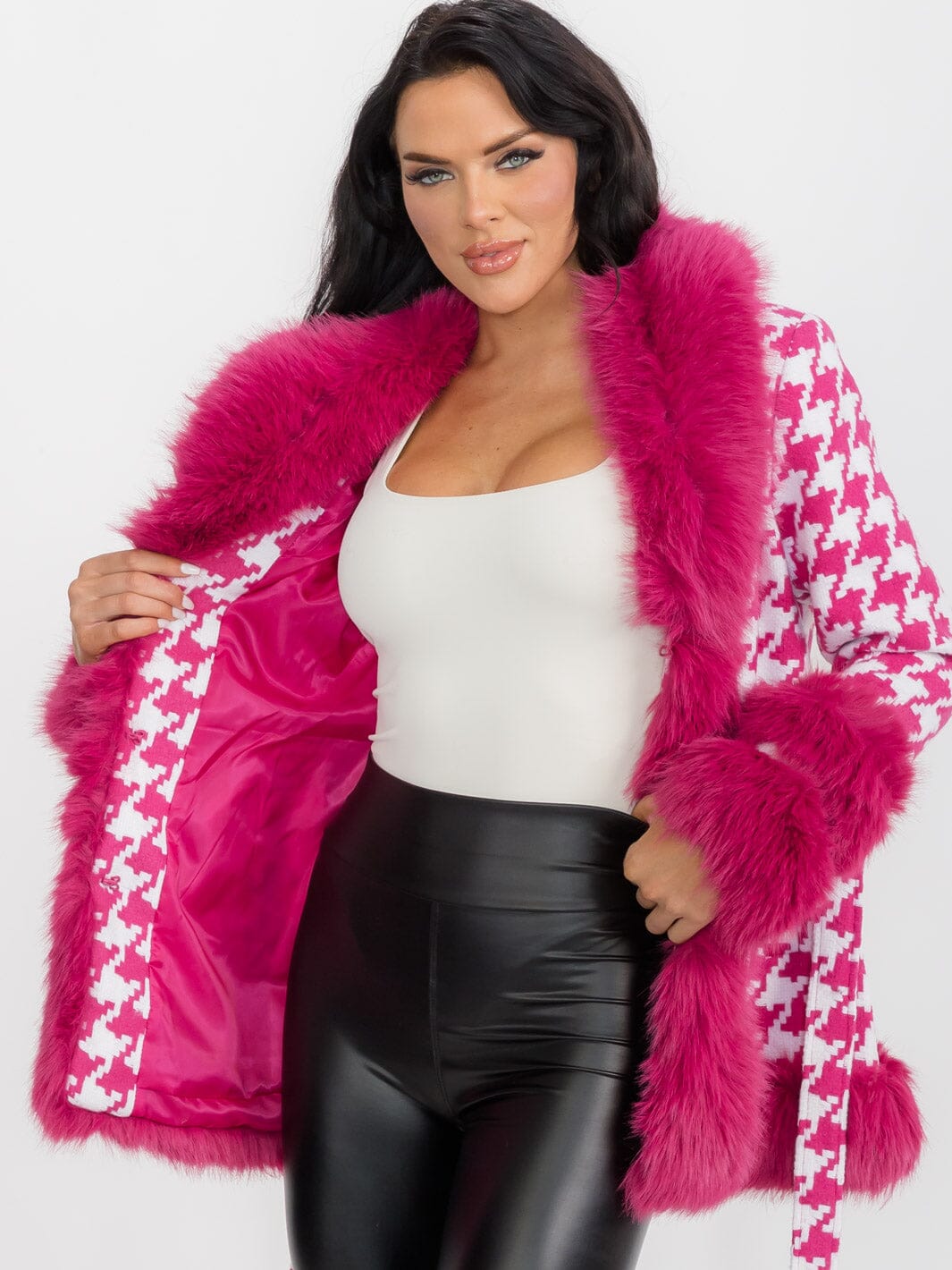 WOMEN'S LONG SLEEVE BUTTON CLOSURE FRONT POCKETS COLORBLOCK FAUX FUR COAT