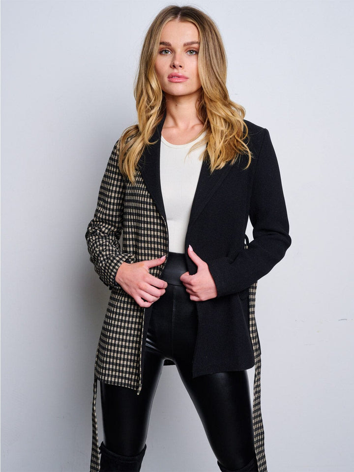 WOMEN'S LONG SLEEVE OPEN FRONT SELF TIE PLAID JACKET
