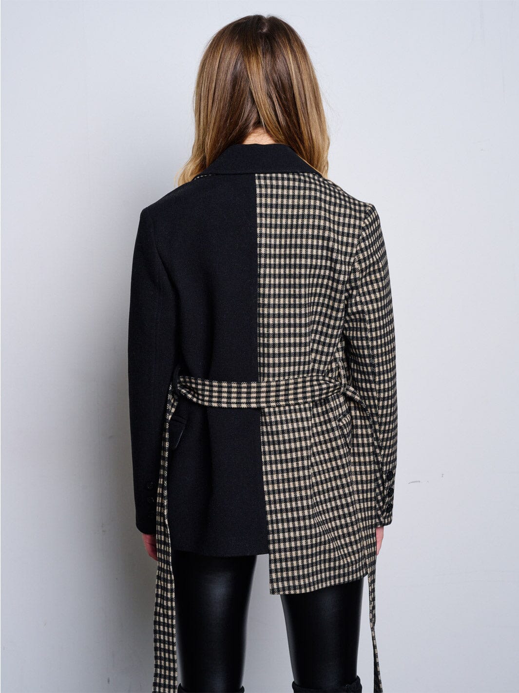 WOMEN'S LONG SLEEVE OPEN FRONT SELF TIE PLAID JACKET