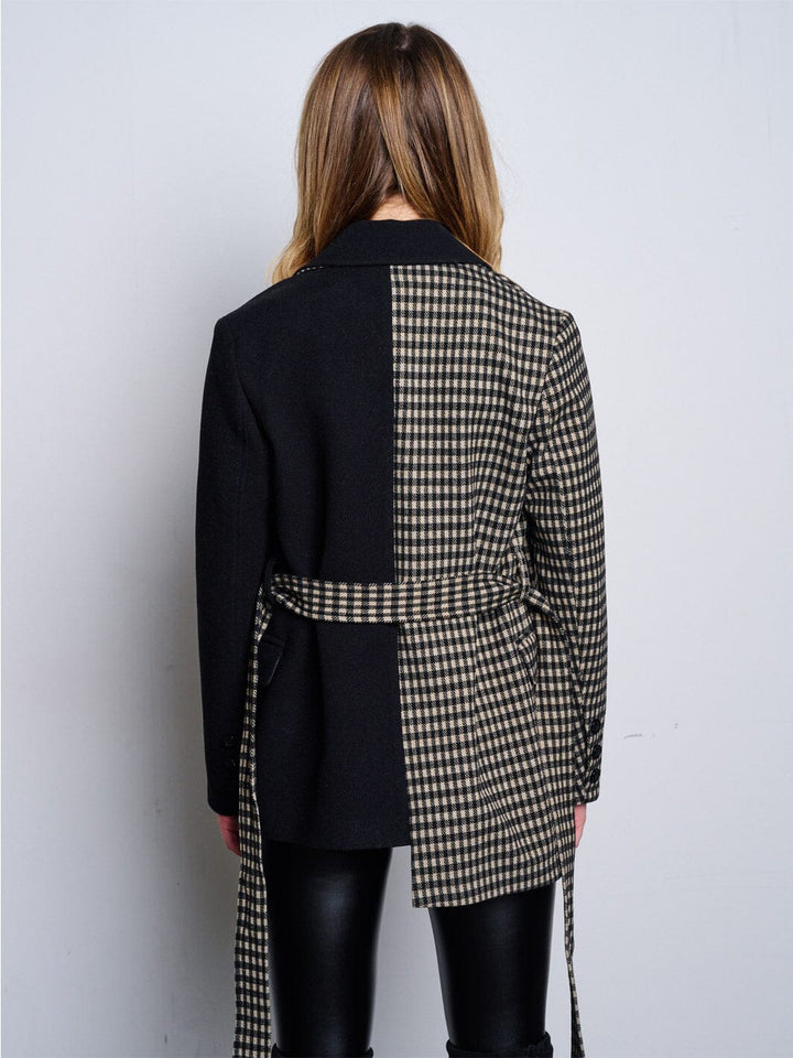 WOMEN'S LONG SLEEVE OPEN FRONT SELF TIE PLAID JACKET