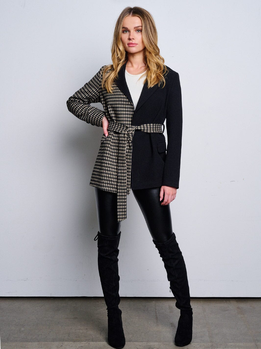 WOMEN'S LONG SLEEVE OPEN FRONT SELF TIE PLAID JACKET
