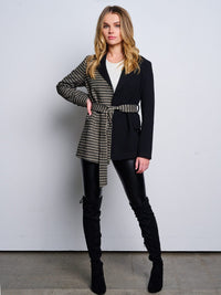 WOMEN'S LONG SLEEVE OPEN FRONT SELF TIE PLAID JACKET