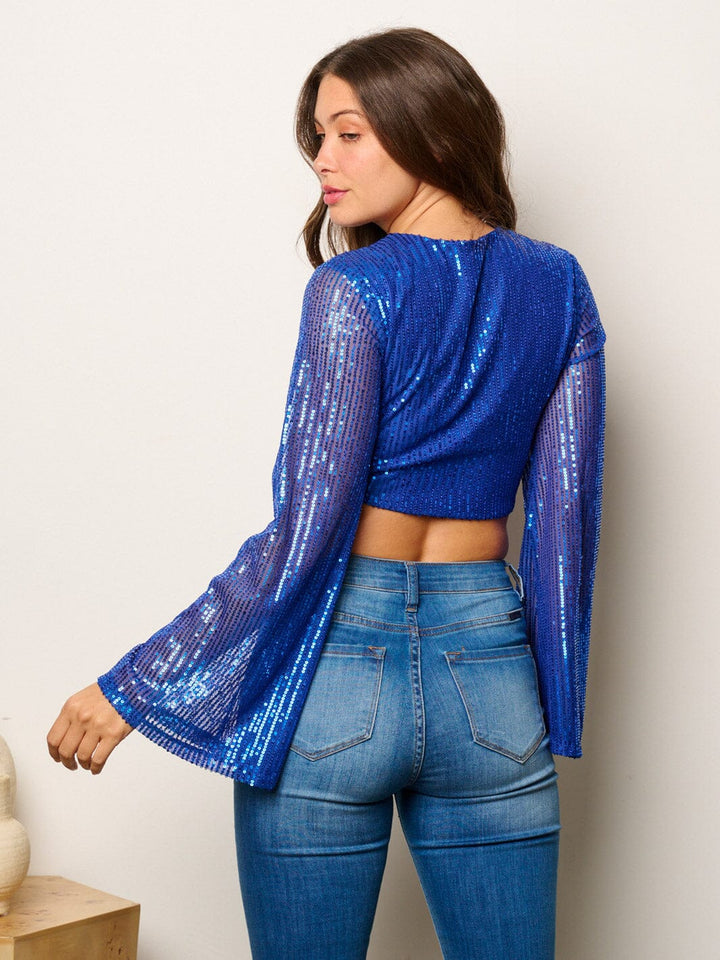 WOMEN'S LONG BELL SLEEVE FRONT TIE SEQUINS CROP TOP