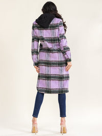 WOMEN'S LONG SLEEVE BUTTON CLOSURE FRONT POCKETS REMOVABLE HOODIE PLAID COAT