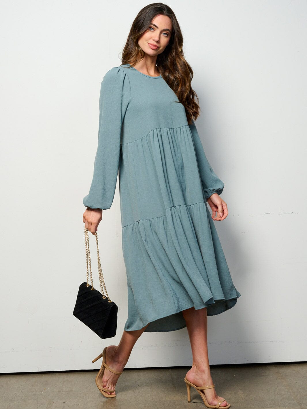 WOMEN'S LONG SLEEVE TIERED HIGH-LOW MIDI DRESS