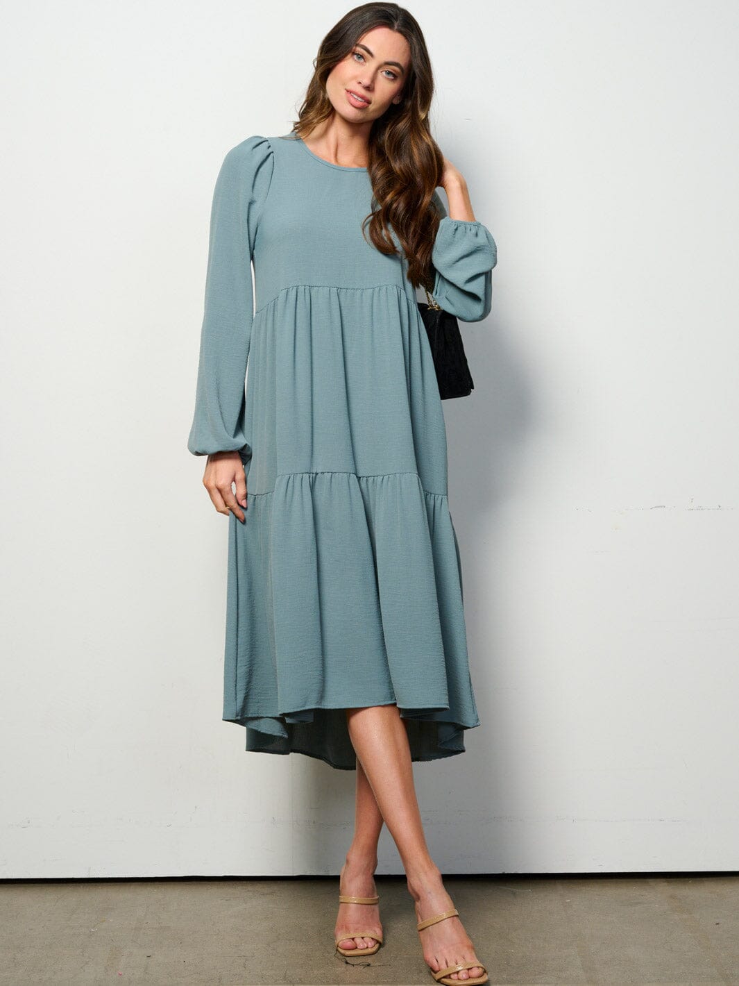 WOMEN'S LONG SLEEVE TIERED HIGH-LOW MIDI DRESS