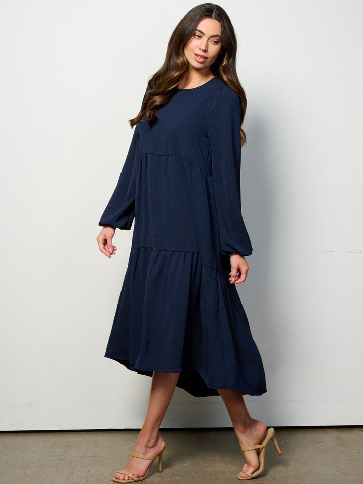 WOMEN'S LONG SLEEVE TIERED HIGH-LOW MIDI DRESS