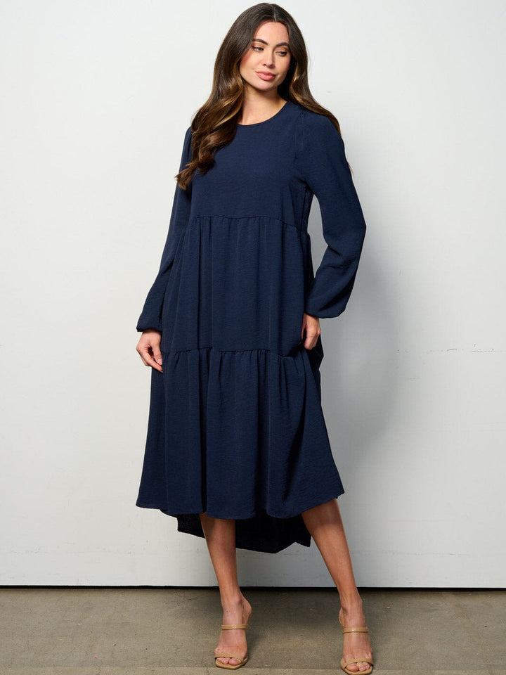 WOMEN'S LONG SLEEVE TIERED HIGH-LOW MIDI DRESS
