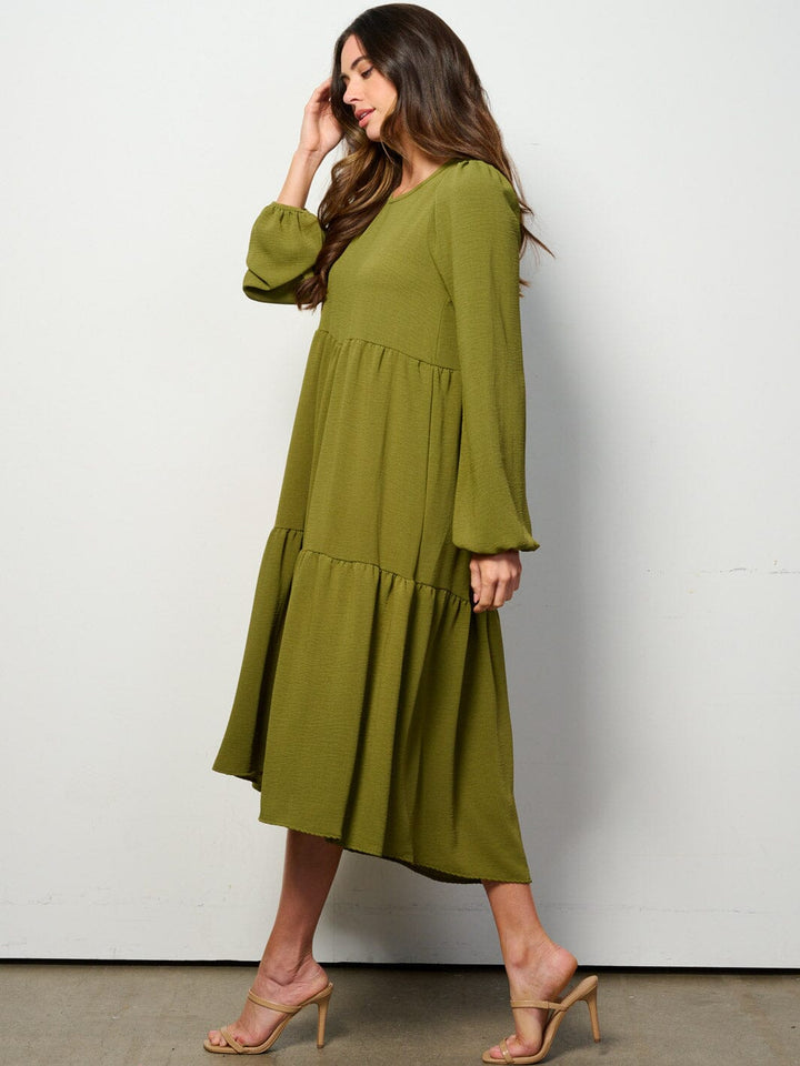 WOMEN'S LONG SLEEVE TIERED HIGH-LOW MIDI DRESS