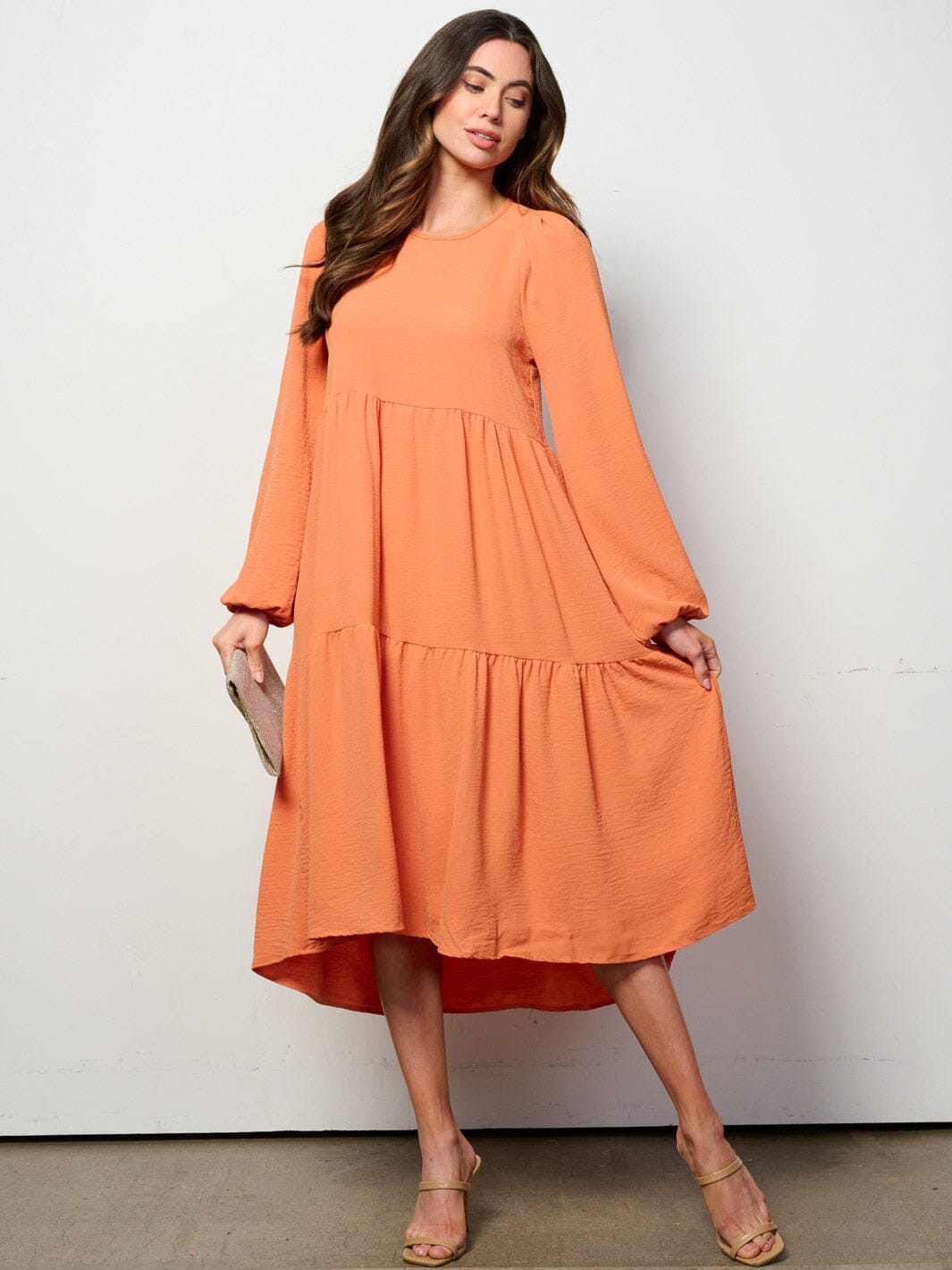 WOMEN'S LONG SLEEVE TIERED HIGH-LOW MIDI DRESS