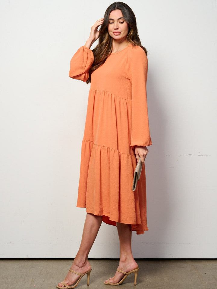 WOMEN'S LONG SLEEVE TIERED HIGH-LOW MIDI DRESS