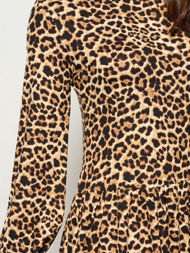 WOMEN'S LONG SLEEVE TIERED LEOPARD PRINT MINI DRESS