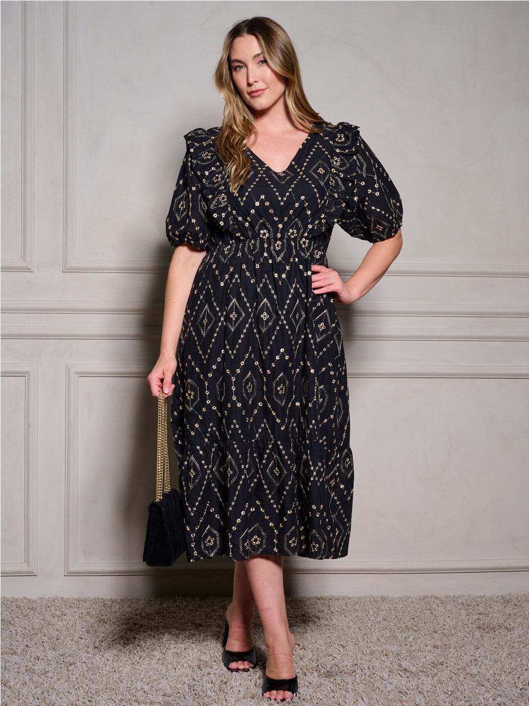 PLUS SIZE SHORT SLEEVE V-NECK ELASTIC WAIST DETAILED MAXI DRESS