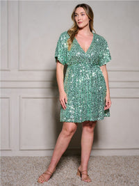 PLUS SIZE SHORT SLEEVE SURPLICE SEQUINS MINI DRESS