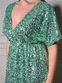 PLUS SIZE SHORT SLEEVE SURPLICE SEQUINS MINI DRESS