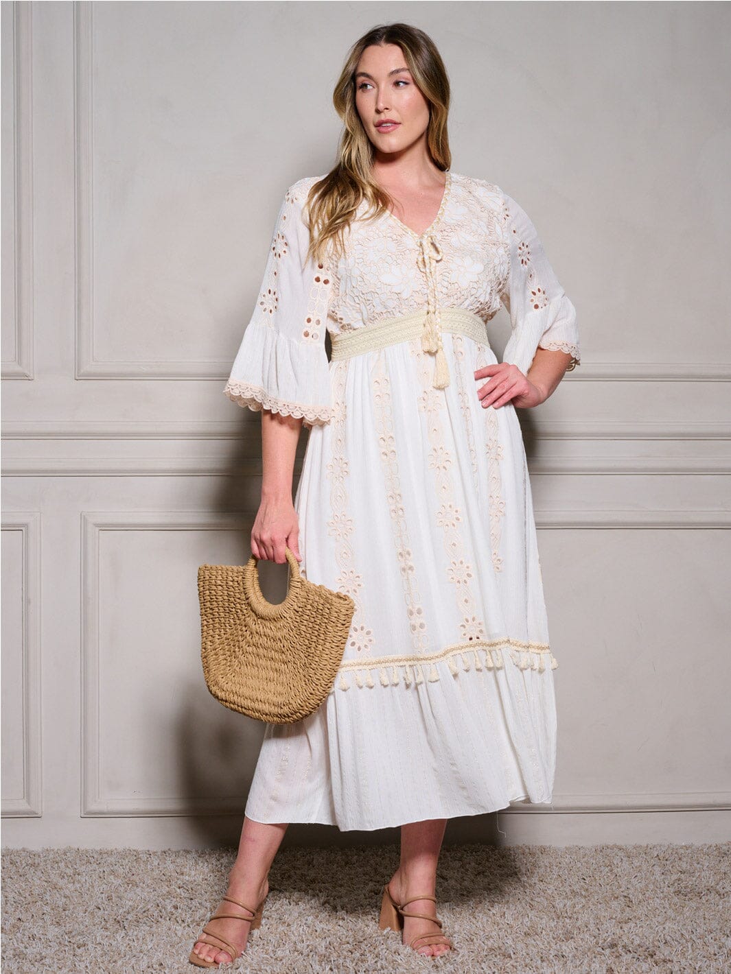 PLUS SIZE 3/4 SLEEVES V-NECK EYELET DETAILED MAXI DRESS