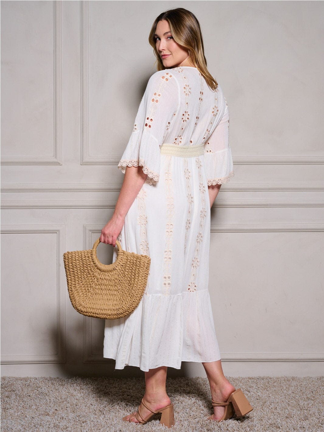 PLUS SIZE 3/4 SLEEVES V-NECK EYELET DETAILED MAXI DRESS