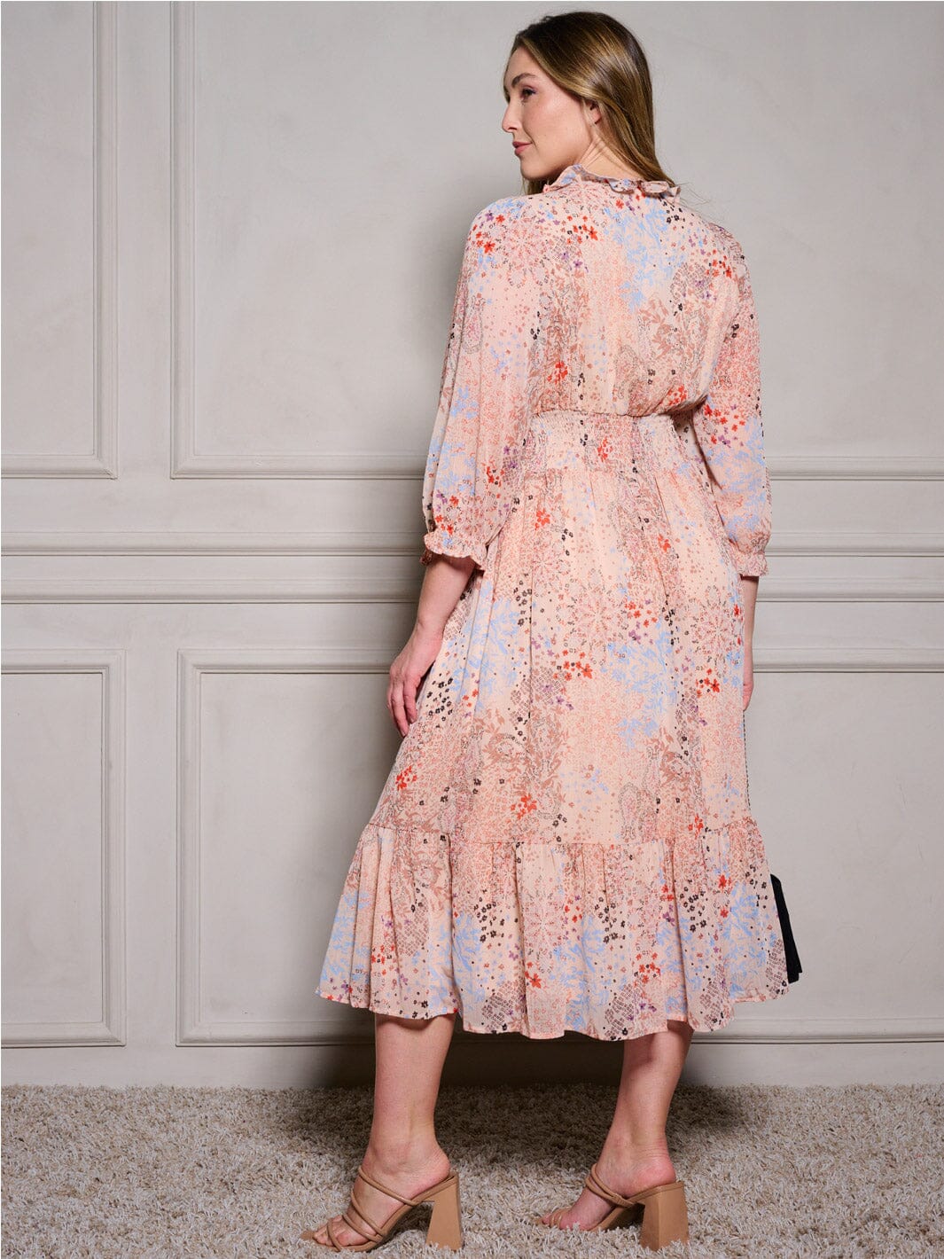 PLUS SIZE 3/4 SLEEVES V-NECK SMOCK WAIST RUFFLE MULTI PRINT MIDI DRESS